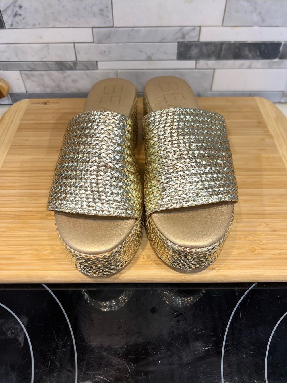 Metallic Gold Woven Platform Slide Sandals - Women